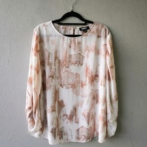 DKNY Women's Abstract Cream and Tan Flowy Blouse Top  Sz L